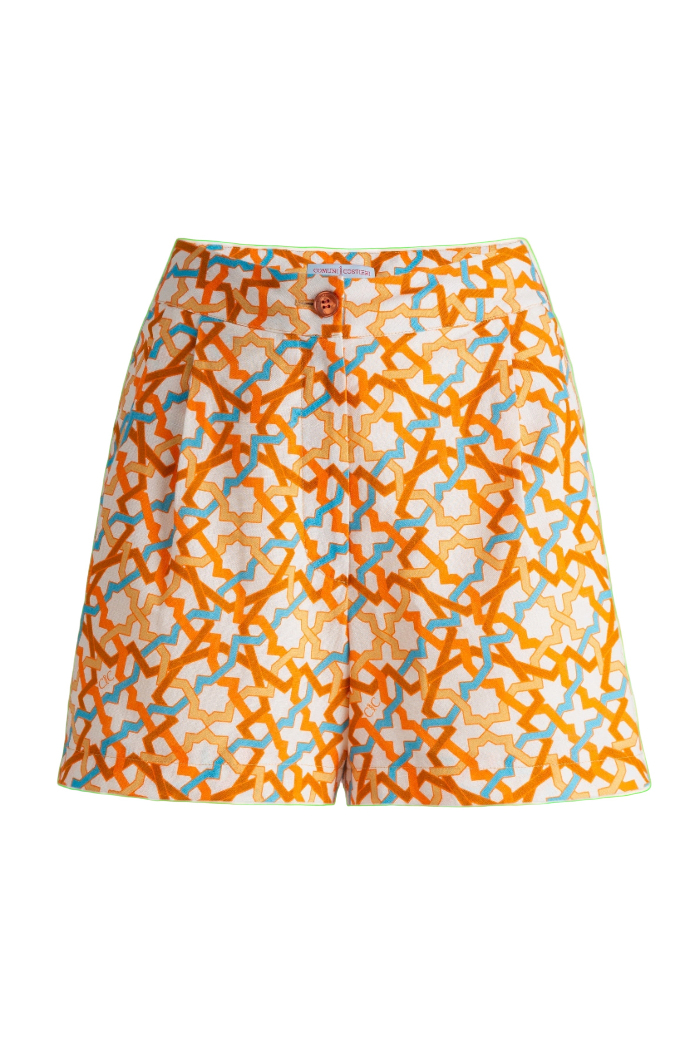 Orange beach shorts with a geometric pattern on a white background